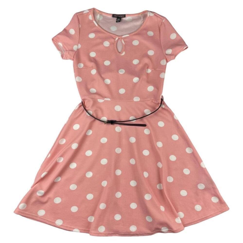 Impress Dress Womens Medium Pink Fit & Flare Polka Dot Short Sleeve Round Neck
